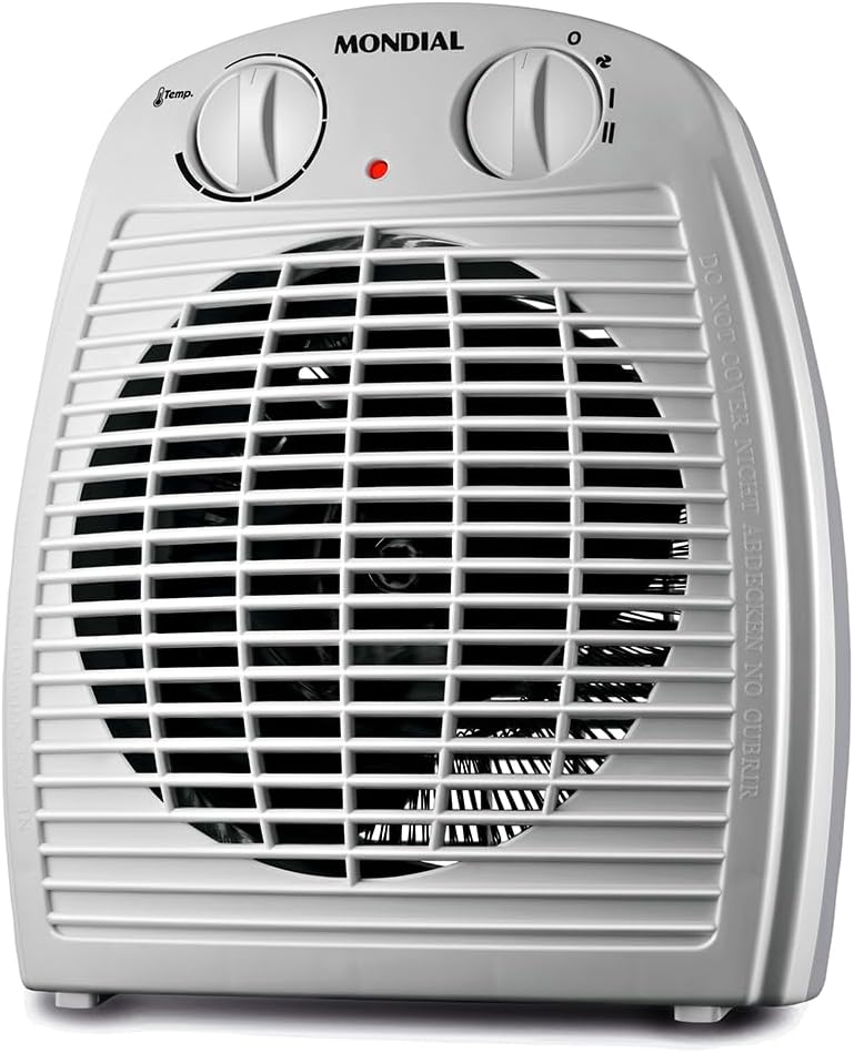 Aquecedor Portátil Mondial A-08 cinza 1500W 127V, frente, fundo branco
