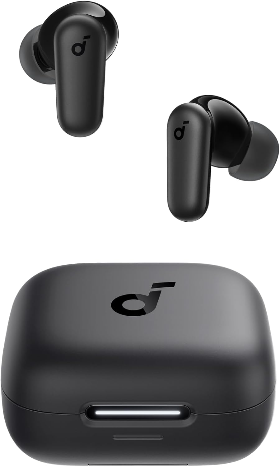 Anker Soundcore P30i earbuds in black, front view showing 10mm driver housing, white background