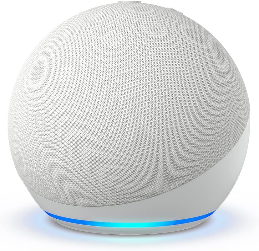 Amazon Echo Dot 4ª geração cor preta, design esférico, vista frontal com logo Amazon, fundo branco