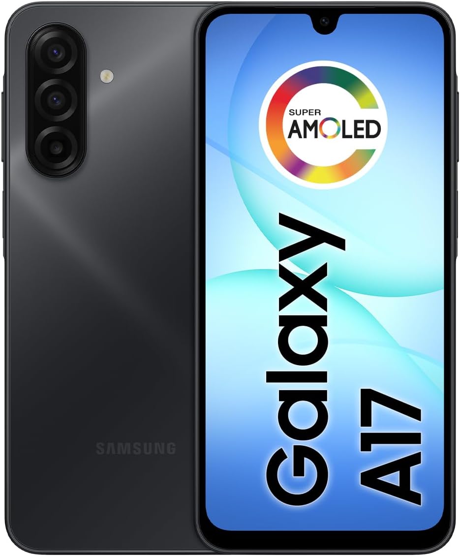Samsung Galaxy A17 5G smartphone preto, vista frontal mostrando tela Super AMOLED, fundo branco