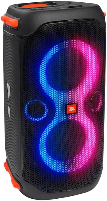 JBL PartyBox 110 party speaker 160W black with LED light strip on front panel, front view, white background