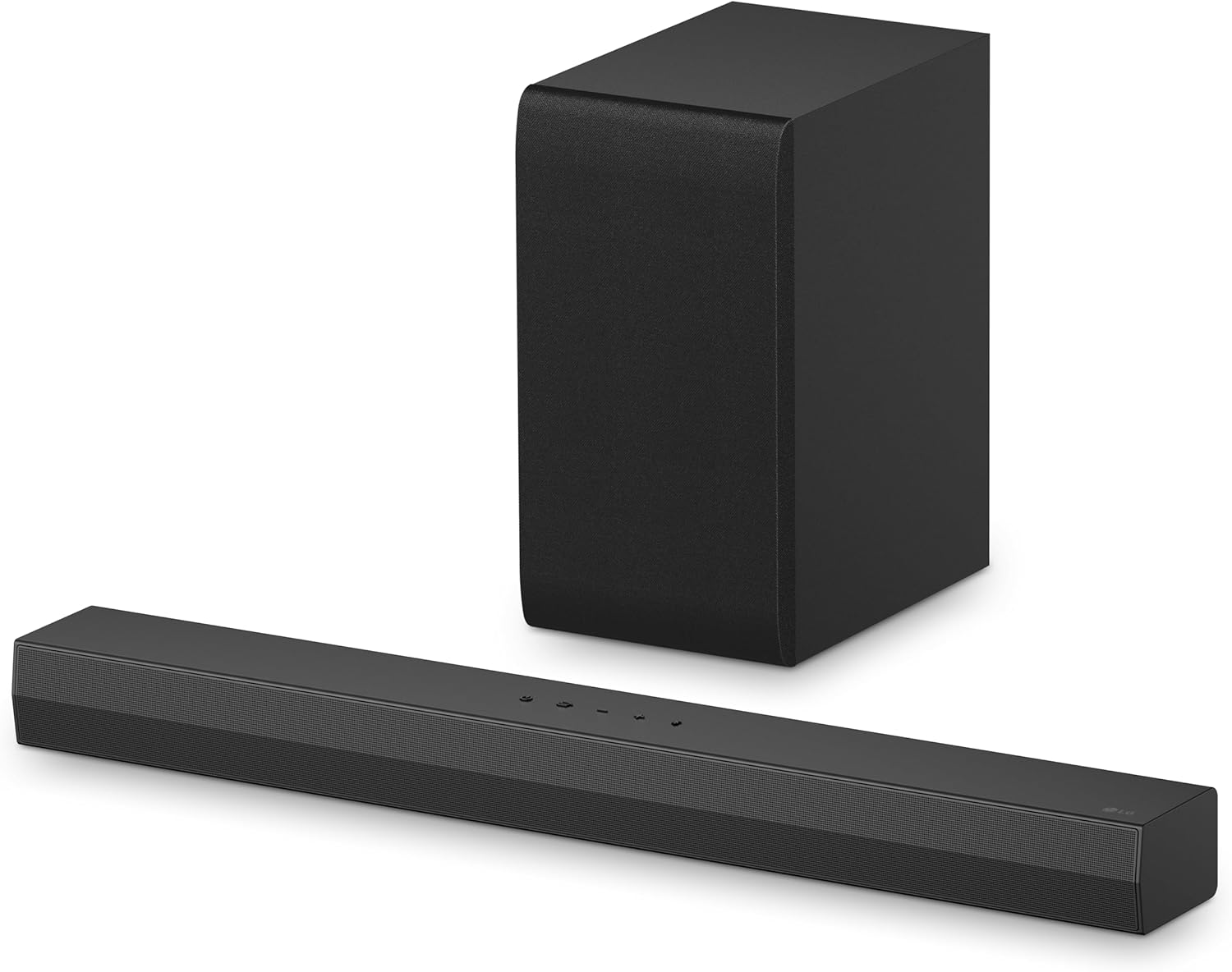 LG S40T soundbar 2.1 canais 300W RMS com subwoofer sem fio e AI Sound Pro, acabamento preto, vista frontal, fundo branco
