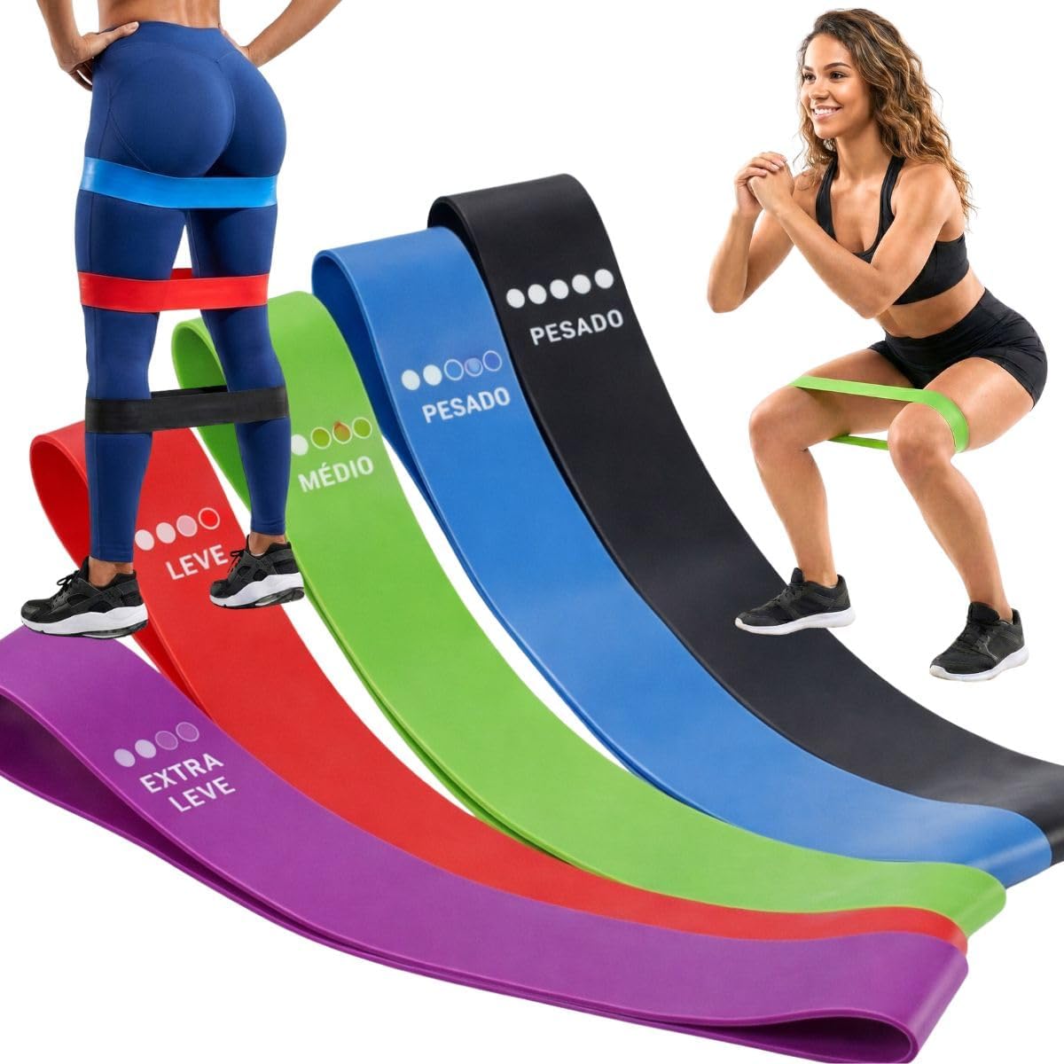 Kit Mini Bands 5 mini bandas elásticas exercícios glúteos fundo branco