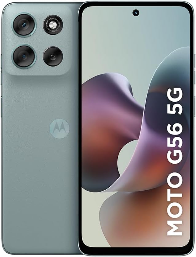 Motorola Moto G56 5G smartphone, vista frontal e traseira mostrando câmera frontal de 32MP, fundo branco
