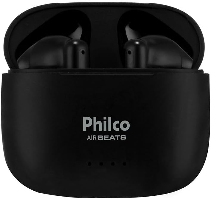 Philco Air Beats PFI200P wireless earbuds in black, TWS pair with compact charging case, white background