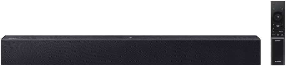 Samsung HW-B400F soundbar 2.0 canais 40W com woofer integrado, formato compacto, acabamento preto, vista frontal, fundo branco