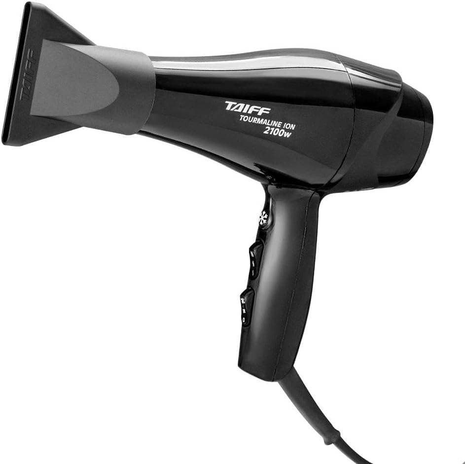 Taiff Tourmaline Secador de Cabelo 2100W preto, concentrador acoplado, fundo branco